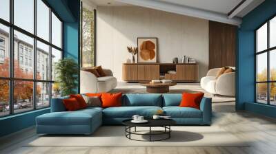 Beige home living room interior with two armchairs and sofa, sideboard with art decoration and books, carpet on concrete floor. Panoramic window on countryside. 3D rendering ,generative ai Wall mural