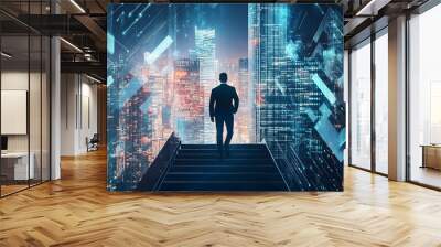 Businessman climbed the stairs, New York skyscrapers in night, double exposure of growing arrows and abstract lines. generative ai Wall mural