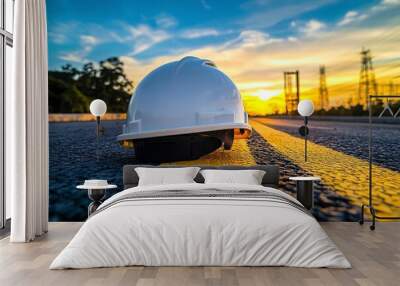 Close up of white safety helmet placed on the yellow solid line of road with sunset and blue sky background, Helmet in construction site after work during the sunset, generative ai Wall mural