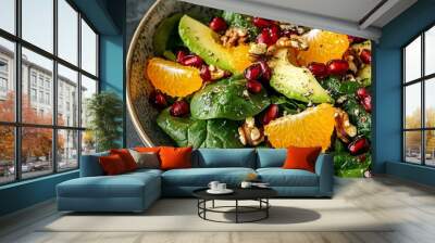 Close up view of spinach, avocado salad with orange, pomegranate and walnut --v 6.1 Job ID: 5092feb0-1002-4d83-a1a2-09873eec109b Wall mural