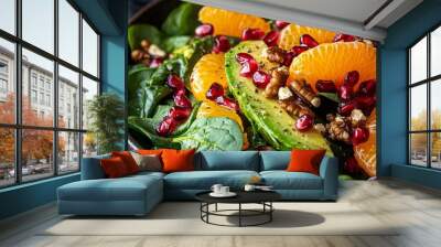 Close up view of spinach, avocado salad with orange, pomegranate and walnut --v 6.1 Job ID: 5603da40-2f45-4cb7-a2b2-fd3b07946940 Wall mural