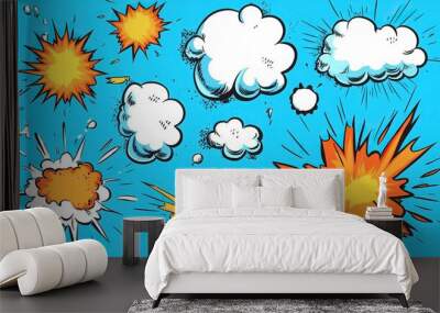 Comic book bubbles. Cartoon explosions funny comical speech clouds, comics words, thinking bubbles and graphic conversation text elements vector ,generative ai Wall mural