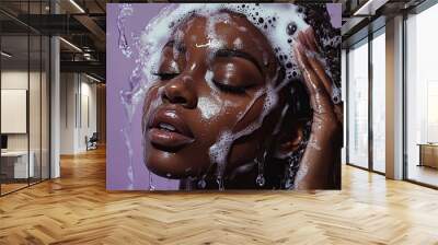 create a hyper realistic, well detailed black model washing her hair with a shampoo, add a lavender color background ,generative ai Wall mural