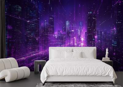 Creative glowing purple night city wallpaper with digital data lines all over. Smart city, VR, AI and innovation concept. generative ai Wall mural