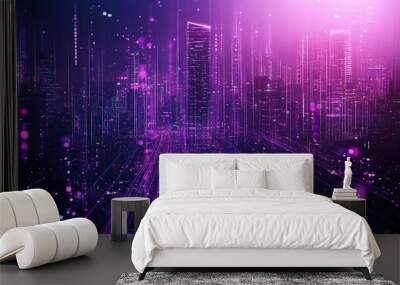 Creative glowing purple night city wallpaper with digital data lines all over. Smart city, VR, AI and innovation concept. generative ai Wall mural