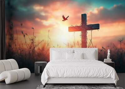 Cross of jesus christ break barrier wire on calvary sunday background good friday he is risen in easter day, Bird hope worship in God, generative ai Wall mural