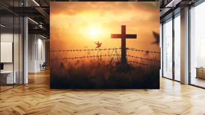 Cross of jesus christ break barrier wire on calvary sunday background good friday he is risen in easter day, Bird hope worship in God, generative ai Wall mural