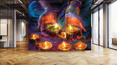 Diwali in India the festival of Diwali (or Deepavali) celebrates the victory of light over darkness, and it is customary to over light candles and colorful lanterns throughout the house. generative ai Wall mural