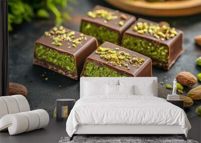 Dubai chocolate bar with green kadayif and pistachio spread with pistachio nuts close up .generative ai Wall mural