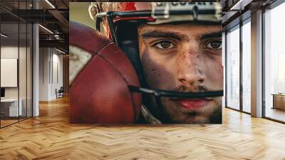 Dynamic image of man, American football player in motion, hitting ball in run, during match, on open air arena with fans stand. 3D render of stadium. Concept of sport, tournament, generative ai Wall mural