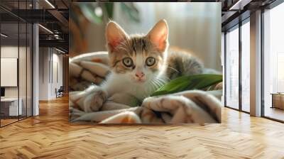 e-commerce photo, one very different cute cat, calm, ambient light, very realistic, mint and green, closeup generative ai Wall mural