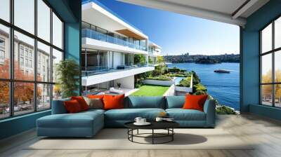 external view, modern white luxury apartment building in Sydney, near the ocean, very large balconies with glass railings, contemporary facade, roof top garden, generative ai Wall mural