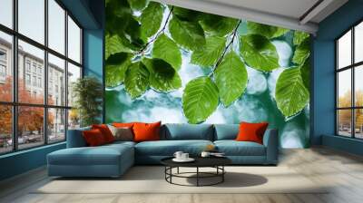 green leaves with water background , generative ai Wall mural