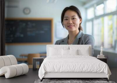 high detailed wide headshot photo of a standing teacher asian adult female smiling with arms crossed, wearing comfortable formal and modern clothes with blazer in light grey colors, generative ai Wall mural