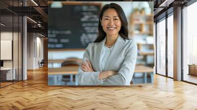 high detailed wide headshot photo of a standing teacher asian adult female smiling with arms crossed, wearing comfortable formal and modern clothes with blazer in light grey colors, generative ai Wall mural