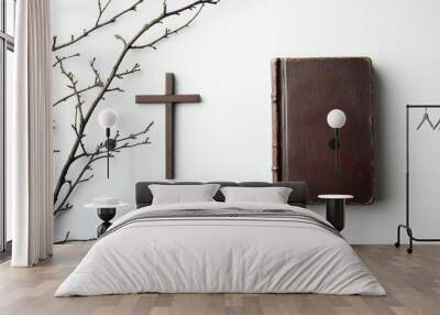 Holy Bible, cross and branch on light background with space for text .generative ai Wall mural