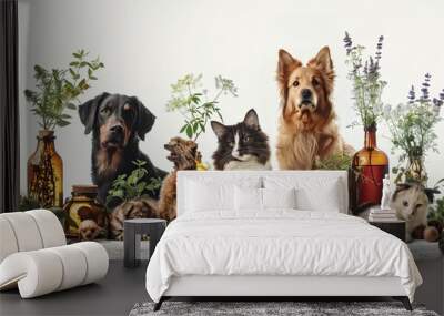 Homeopathy for animals banner, white background, Dogs, cats, horses, farm animals, birds generative ai Wall mural