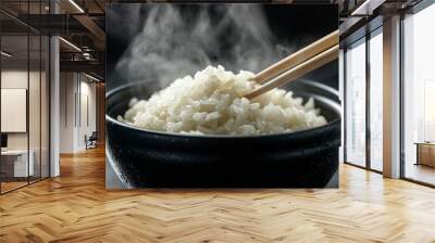 Japanese rice, Cook rice. Close up natural steaming cooked Japanese white rice in black bowl with chopstick on black background, soft focus. Healthy Food Concept. generative ai Wall mural