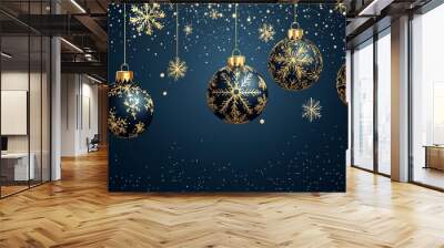 Merry christmas greeting vector design. Christmas balls hanging with gold, glitter, shiny and glossy elements in snowflakes pattern elegant background. generative ai Wall mural