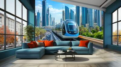 Monorail Subway train rides among glass skyscrapers in Dubai. Traffic on street in Dubai. Museum of the Future in Dubai. Cityscape skyline. Urban background. generative ai Wall mural