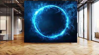 Neon blue color geometric circle on a dark background. Round mystical portal. Mockup for your logo. Futuristic smoke. Mockup for your logo. generative ai Wall mural