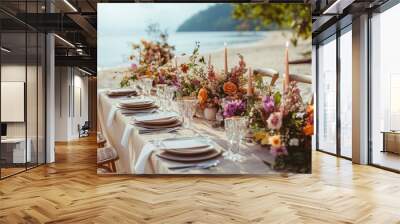 On the beach there are festive tables and chairs. Or a wedding table decorated with beautiful floral elements and candles? On the table were also glasses, plates, and cutlery. generative ai Wall mural