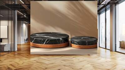 one bigger one smaller sticked together round black tone marble slabs with leather material base podiums for product presentation ,beige tone background, generative ai Wall mural