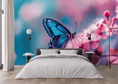 Pink and blue color of beautiful butterfly, sitting on pink flower.generative ai Wall mural