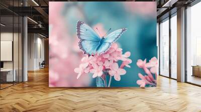 Pink and blue color of beautiful butterfly, sitting on pink flower.generative ai Wall mural