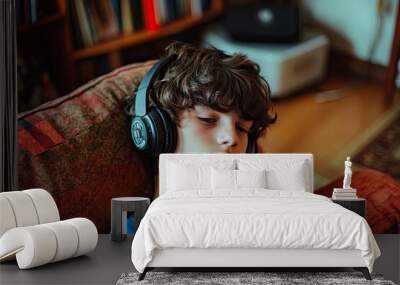 Portrait of teenage boy listening to music at home.generative ai Wall mural