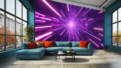 Purple neon light streaks radiating from the center on a dark background, evoking themes of technology, big data, and bots. generative ai Wall mural