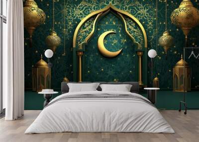 Ramadan Kareem design on green Islamic background with gold ornament star, moon, lanterns and podium. generative ai Wall mural