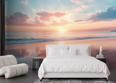 Summer closeup sunset sea sky landscape. Colorful ocean beach sunrise. Beautiful beach reflections calm waves, soft sandy beach. Perfect tropical coast horizon scenic coast view. generative ai Wall mural