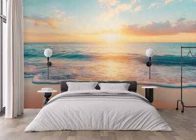 Summer closeup sunset sea sky landscape. Colorful ocean beach sunrise. Beautiful beach reflections calm waves, soft sandy beach. Perfect tropical coast horizon scenic coast view. generative ai Wall mural