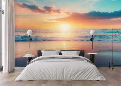 Summer closeup sunset sea sky landscape. Colorful ocean beach sunrise. Beautiful beach reflections calm waves, soft sandy beach. Perfect tropical coast horizon scenic coast view. generative ai Wall mural