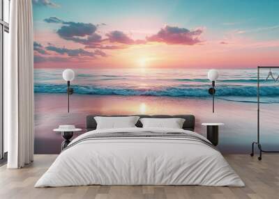 Summer closeup sunset sea sky landscape. Colorful ocean beach sunrise. Beautiful beach reflections calm waves, soft sandy beach. Perfect tropical coast horizon scenic coast view. generative ai Wall mural