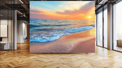 Summer closeup sunset sea sky landscape. Colorful ocean beach sunrise. Beautiful beach reflections calm waves, soft sandy beach. Perfect tropical coast horizon scenic coast view. generative ai Wall mural