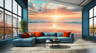 Summer closeup sunset sea sky landscape. Colorful ocean beach sunrise. Beautiful beach reflections calm waves, soft sandy beach. Perfect tropical coast horizon scenic coast view. generative ai Wall mural