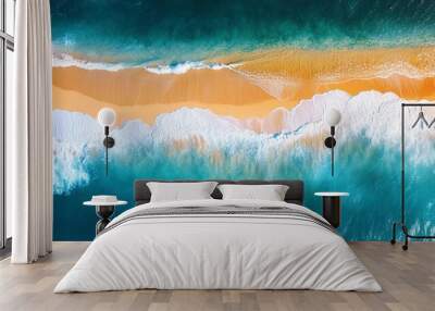 Sunny gold sandy beach, panorama. Panoramic view tranquil sandy beach. Peaceful sea waves shore. Ocean coast view. Aerial photography beachfront. generative ai Wall mural