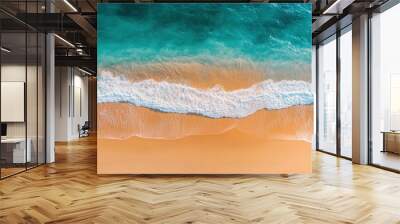 Sunny gold sandy beach, panorama. Panoramic view tranquil sandy beach. Peaceful sea waves shore. Ocean coast view. Aerial photography beachfront. generative ai Wall mural