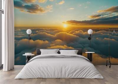 Sunset on blue sky. Blue sky with some clouds. blue sky clouds, summer skies, cloudy blue sky background. Aerial sunset view. Evening skies with dramatic clouds. generative ai Wall mural