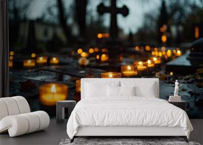 TARNOW, POLAND - NOVEMBER 01, 2017: Candles on the grave glowing in the dark around cross-relief. All Saints Day festival celebrated on a rainy day at the Old Cemetery, generative ai Wall mural