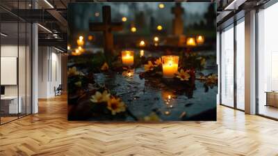 TARNOW, POLAND - NOVEMBER 01, 2017: Candles on the grave glowing in the dark around cross-relief. All Saints Day festival celebrated on a rainy day at the Old Cemetery, generative ai Wall mural