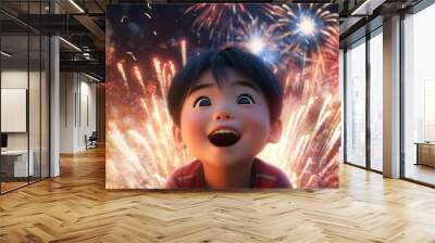 The big Chinese boy full of fireworks set off fireworks in the night sky, and the colorful fireworks burst into beautiful light, ring lighting, generative ai Wall mural