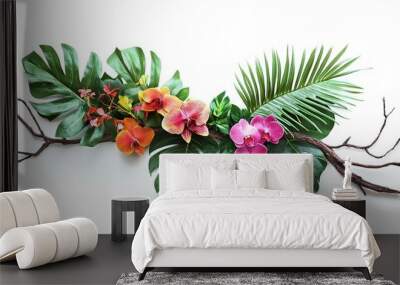 Tropical vibes plant bush floral arrangement with tropical leaves Monstera and fern and Vanda orchids tropical flower decor on tree branch liana vine plant isolated on white background.generative ai Wall mural