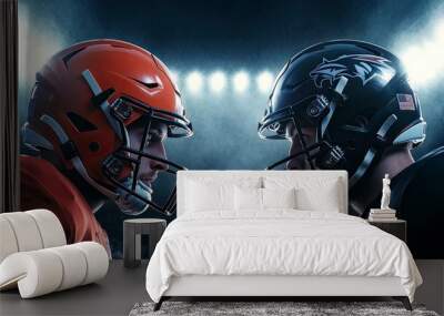 Two American football players in helmets confronting each other with intense expression standing on stadium with spotlights. Opponents. Concept of professional sport, competition, generative ai Wall mural