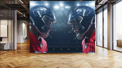 Two American football players in helmets confronting each other with intense expression standing on stadium with spotlights. Opponents. Concept of professional sport, competition, generative ai Wall mural