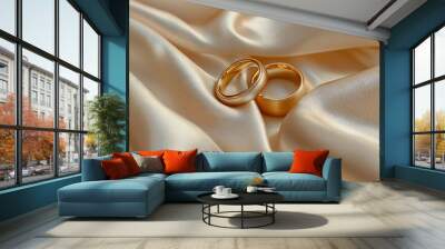 Two gold classic wedding rings lie on a chic satin fabric with soft pleats. wedding background. Layout for the designer and product advertising.generative ai Wall mural