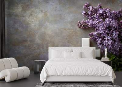 White cross and violet or purple lilac blossom on old background for a condolence card..generative ai Wall mural