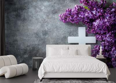 White cross and violet or purple lilac blossom on old background for a condolence card..generative ai Wall mural